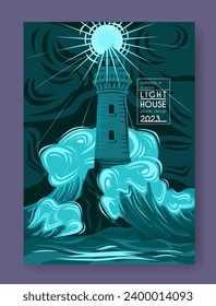 Ocean landscape poster. Seascape with large storm waves and shining lighthouse on rocks. Design element for flyer or print on T shirt. Cartoon flat vector illustration isolated on dark background