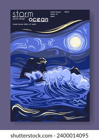 Ocean landscape poster. Storm at sea with big waves hitting sharp rocks and shining moon in dark sky. Design element for cover or flyer. Cartoon flat vector illustration isolated on dark background