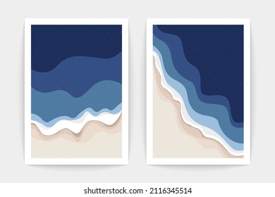 Ocean landscape posters top view. Sea waves from above, cartoon seaside, beach scene, isolated backgrounds. Vector set