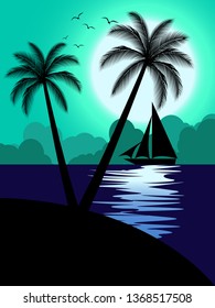 ocean landscape with sailing ship and palms