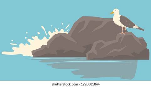 Ocean landscape with sea bird representative vector illustration. Waves hit rocks and spray scatters. Seagull with folded wings and closed yellow beak standing on stone. Water surface of sea