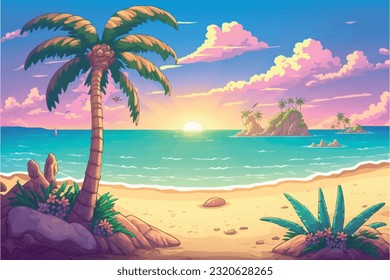 ocean landscape sunse palm tree in the sides