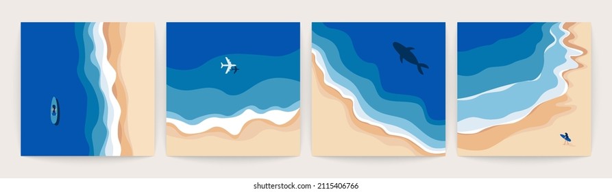 Ocean landscape top view. Sea waves from above, cartoon seaside, beach aerial scene, isolated square cards. Vector set