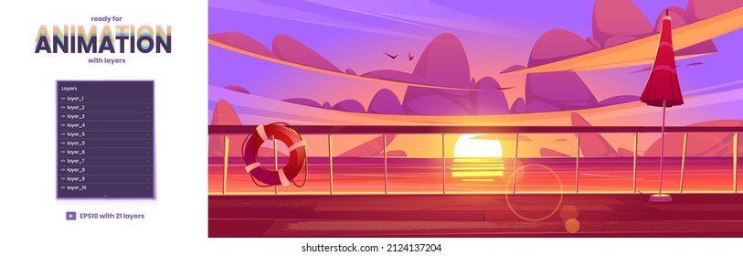 Vista del paisaje oceánico desde la cubierta de cruceros al atardecer. Antecedentes paralelos vectoriales listos para la animación 2d con ilustración de dibujos animados de la costa, sol en horizonte, muelle con barandilla, salvavidas y paraguas