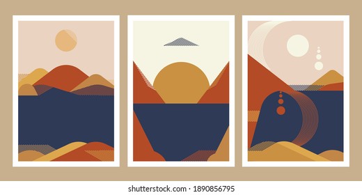 Ocean Landscape Wall Art Print, Bauhaus poster, Retro Digital Art Print. Old pop colors palette vector.