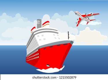   Ocean landscape,Red cruise liner, plane flying in the sky, clouds in the horizon, vector illustration
