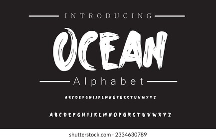 Ocean Lettering font isolated on black background. Texture alphabet in street art and graffiti style. Grunge and dirty effect.  Vector brush letters.