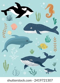 Ocean life animals collection set. Flat style collection of ocean inhabitants. Cute underwater characters. Ocean life.