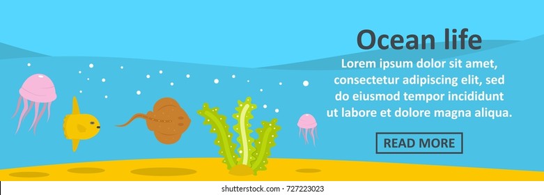 Ocean life banner horizontal concept. Flat illustration of ocean life banner horizontal vector concept for web design