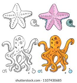 Ocean life coloring page design. Starfish and octopus isolated on white background. Vector illustration