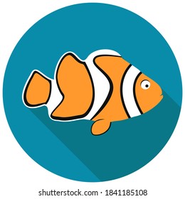 Ocean Life Concept. Vector Flat Icon Of A Clown Fish In A Circle On A Blue Background. Marine Theme.