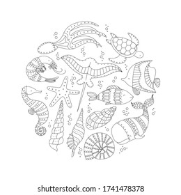 Ocean life - cute sea animal set. Linear drawing.