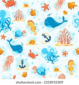 Ocean life. Endless vector illustration. Jellyfish, crab, turtle, octopus, fish, coral, starfish, seahorse, shell, whale, anchor. Aquatic wildlife. Underwater. Kids marine set with sea creatures