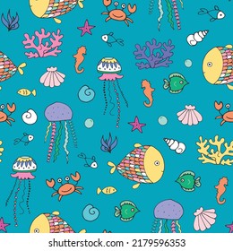 Ocean life, fish, jellyfish, seashell vector seamless pattern