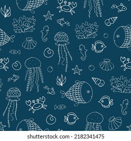 Ocean life, fish, jellyfish, seashell vector seamless pattern