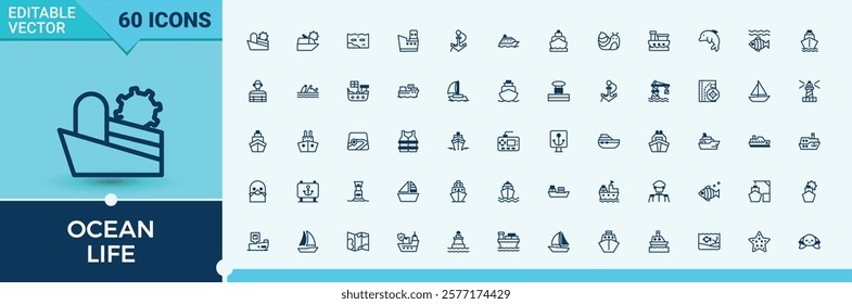 Ocean Life icon collection. Contains such icons as shipping, eel, boat, lighthouse, shell, buoy, ship, sea. Minimalistic icons. Solid line editable stroke.