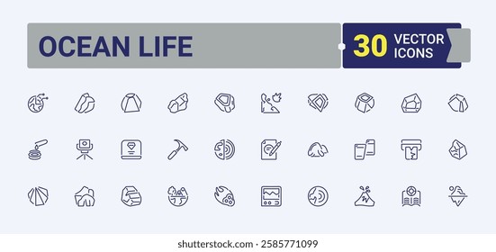 Ocean Life icon collection. Includes icons for logistic, fish, wheel, freight, ship, marine, rope and more. Minimal icon. Editable stroke.