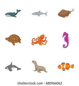 Ocean life icons set. Cartoon set of 9 ocean life vector icons for web isolated on white background
