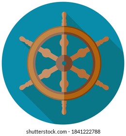 Ilustración de la vida marina. Icono vectorial plano de una rueda de barco en un círculo sobre un fondo azul. Tema marino.