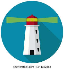 Ocean life illustration. Vector flat icon of the light house in a circle on a blue background. Marine theme.