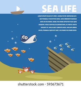 Ocean life, marine poster, Sea-scape poster. Aquatic life cartoon animal