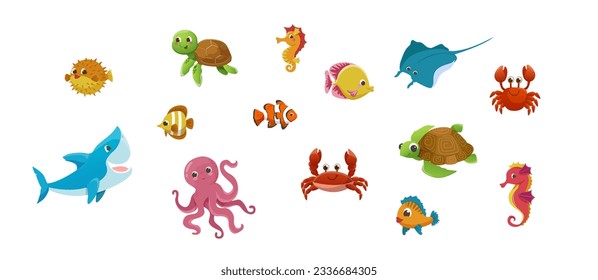 Ocean life. Marine set with sea creatures for girls and boys, drawings for children's day and birthday