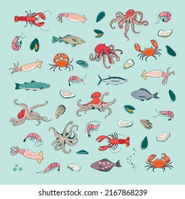 Ocean life: octopus, crab, lobster, squid, shrimp, oyster, mussels, fish vector illustrations set