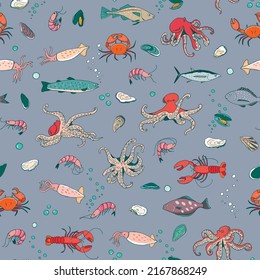 Ocean life: octopus, crab, lobster, squid, shrimp, oyster, mussels, fish vector seamless pattern.