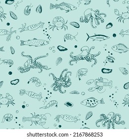 Ocean life: octopus, crab, lobster, squid, shrimp, oyster, mussels, fish vector seamless line pattern.