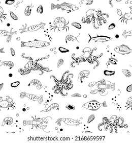 Ocean life: octopus, crab, lobster, squid, shrimp, oyster, mussels, fish vector seamless line pattern.