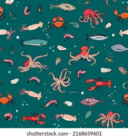 Ocean life: octopus, crab, lobster, squid, shrimp, oyster, mussels, fish vector seamless pattern.