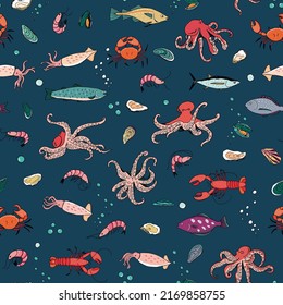 Ocean life: octopus, crab, lobster, squid, shrimp, oyster, mussels, fish vector seamless pattern.