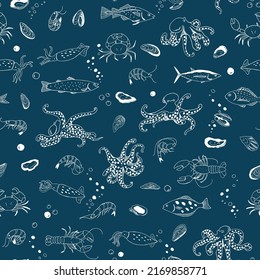 Ocean life: octopus, crab, lobster, squid, shrimp, oyster, mussels, fish vector seamless line pattern.