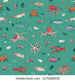 Ocean life: octopus, crab, lobster, squid, shrimp, oyster, mussels, fish vector seamless pattern.