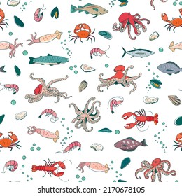 Ocean life: octopus, crab, lobster, squid, shrimp, oyster, mussels, fish vector seamless pattern.