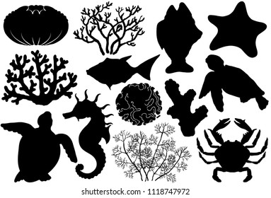 Ocean life organisms silhouettes, shells, fish, corals, sea horse, crab and turtle.