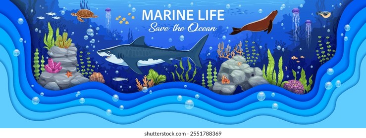 El papel de la vida marina cortó el Anuncio con los animales marinos en el paisaje submarino. Escena de Vector 3D muestra la vida marina como tiburón, tortuga, foca y peces de colores entre los arrecifes de coral, promoviendo la conservación del océano