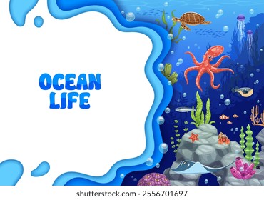 Ocean life paper cut banner with underwater landscape and sea animals, vector background. Undersea funny cartoon octopus with turtle and jellyfish, stingray and tropical fishes in paper cut underwater