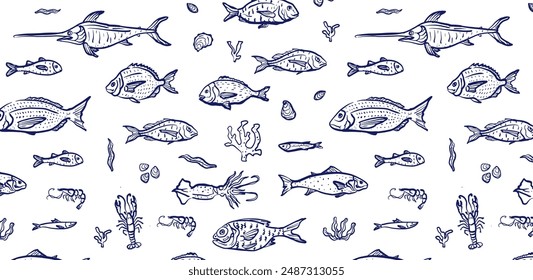 Ocean life pattern. Fish, lobster, shrimp and squid hand drawn illustration. Blue seafood elements. Design for branding, restaurant and menu. Ocean and sea delicacy. 