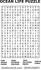 Ocean Life Puzzle And Letter Search Word Game Aquatic Animals vector