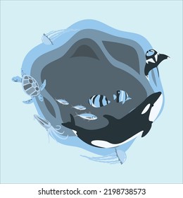 Ocean Life sea background. 8 June summer poster for help sea ecosystem. Vector cartoon illustrations underwater ocean coral reef with waves fish and seaweeds concept. vector illustration
