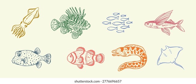 Ocean life and sea creatures icon set. Trendy hand-drawn line art of fish, squid, stingray, and coral reef inhabitants. Perfect for seafood menus, aquarium branding, and summer designs.
