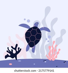 Ocean life. Sea Turtle swimming underwater with corals and seaweed. 