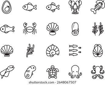 Ocean Life and Seafood Outline Icon Set - Marine Animals  Underwater Elements Collection