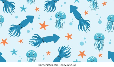 Ocean life seamless pattern with cute blue squids, jellyfish, and orange starfish scattered on light blue backdrop.