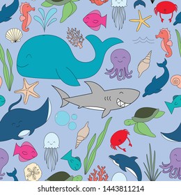 Ocean Life seamless vector pattern. Hand drawn fun and cute elements make up this unique pattern. 