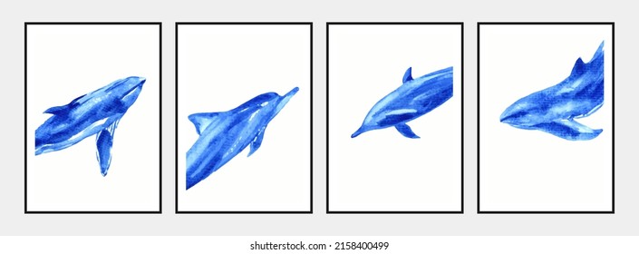 Vida marina. Afiches azules con motivos de acuarela oceánica. Mundo submarino. Ilustración del vector