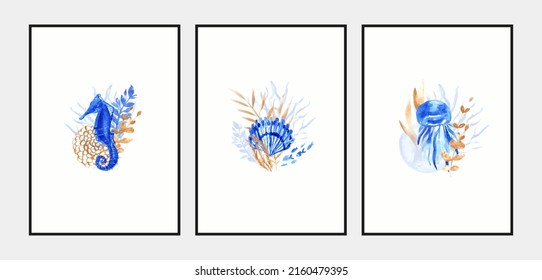 Ocean life. Set of blue posters with ocean watercolor motifs.