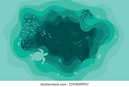 Ocean life. Silhouettes of coral reef with fishes, turtles, seahorses, star fishes, jelly fishes in blue water. Beautiful ocean underwater wildlife panorama. Vector sea marine life concept. Underwater