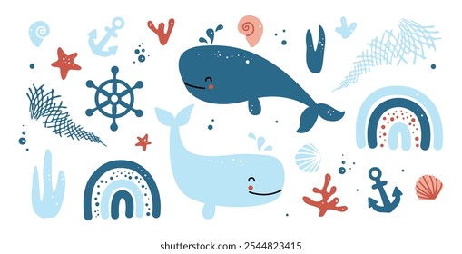 Ocean life. Starfish, whales, shells, corals, anchor and rudder. Underwater. Vector childish pattern for fabric, textile, baby shower decor